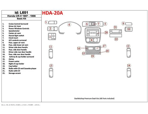 Základná súprava Honda CR-V 1997-1998, 22 kusov, súprava vnútorného obloženia palubnej dosky BD - 1