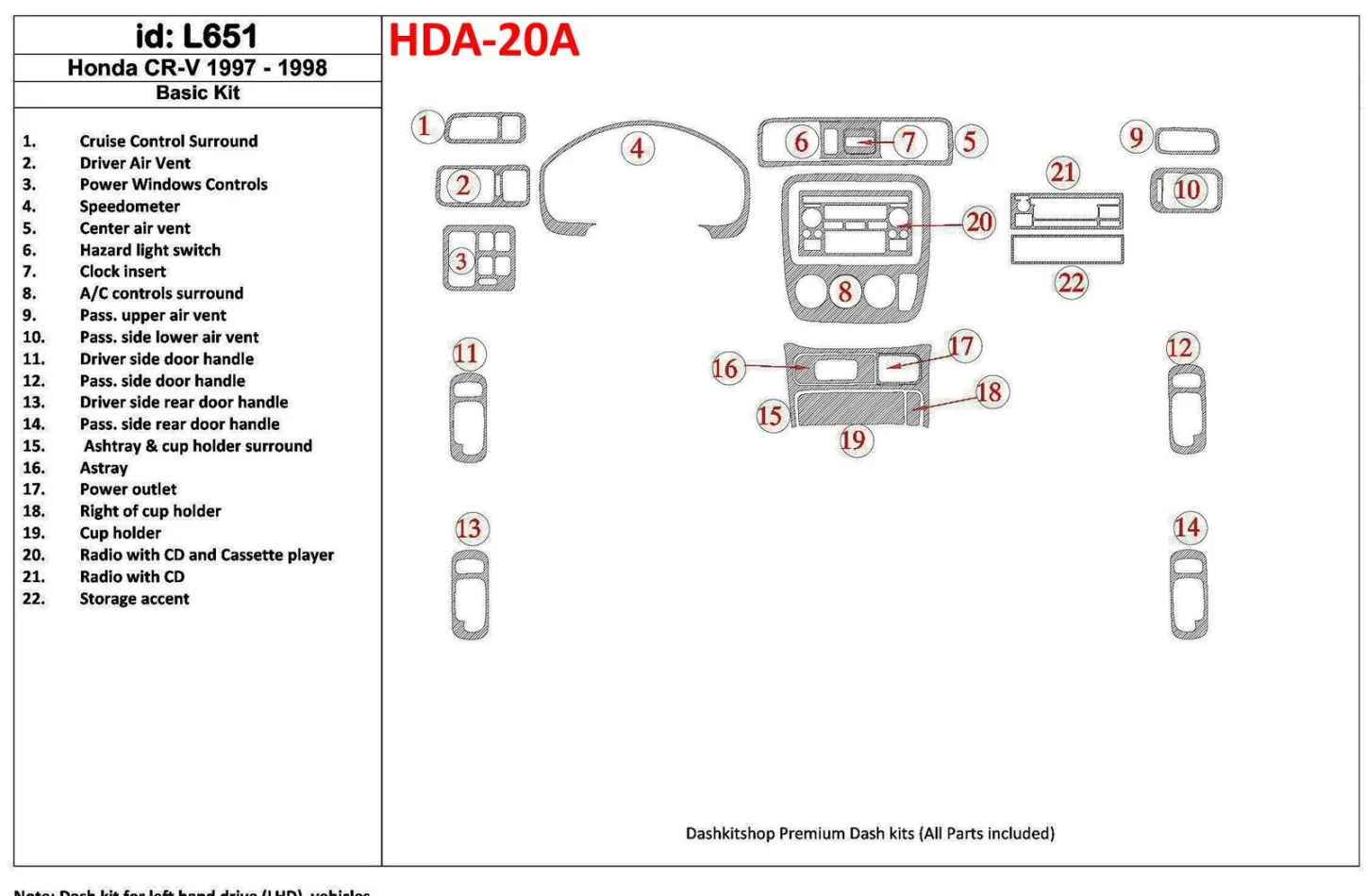 Základná súprava Honda CR-V 1997-1998, 22 kusov, súprava vnútorného obloženia palubnej dosky BD - 1