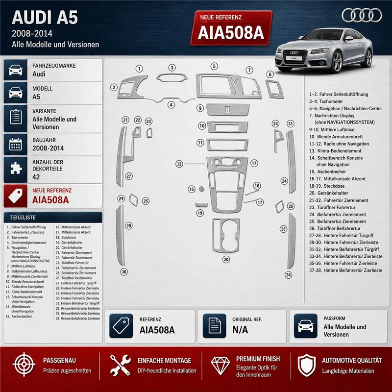 Audi A5 2008–2014 Hatchback 3D sada dekorov interiéru palubnej dosky 42-dielna