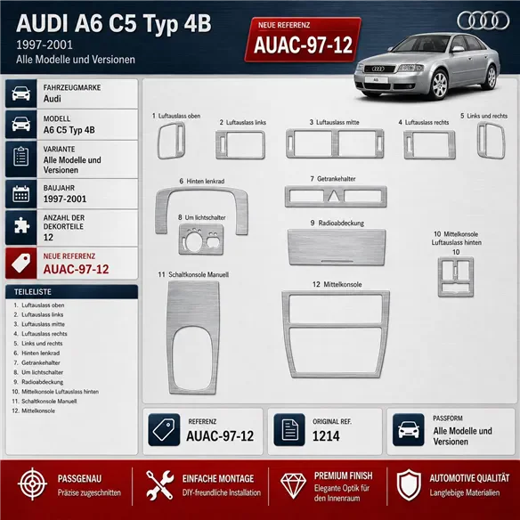 Audi A6 C5 Typ 4B 1997–2001 3D sada dekorov interiéru palubnej dosky 12-dielna