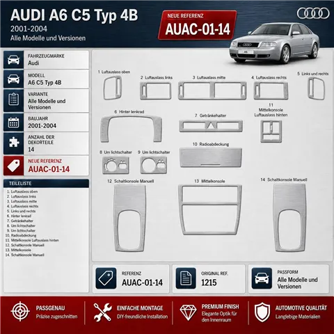Audi A6 C5 Typ 4B 2001-2004 3D dekor palubnej dosky, 14 dielov 2