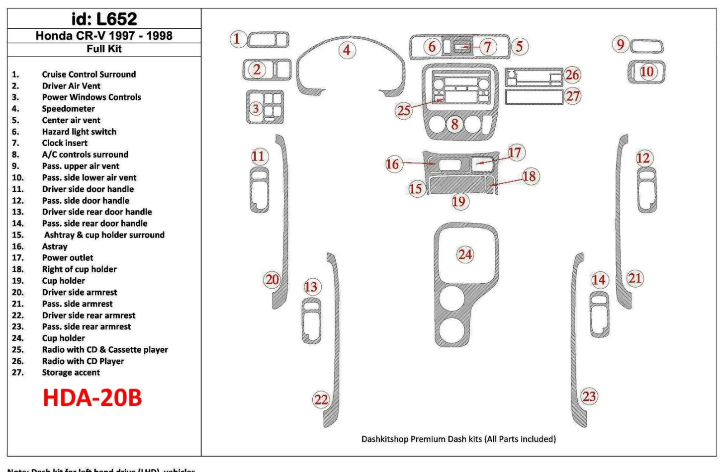 Honda CR-V 1997-1998, kompletná sada, 27 kusov, súprava vnútornej časti palubnej dosky BD - 1