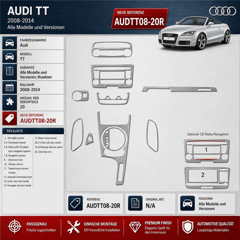 Audi TT 2008–2014 Roadster 3D sada dekorov interiéru palubnej dosky 20-dielna