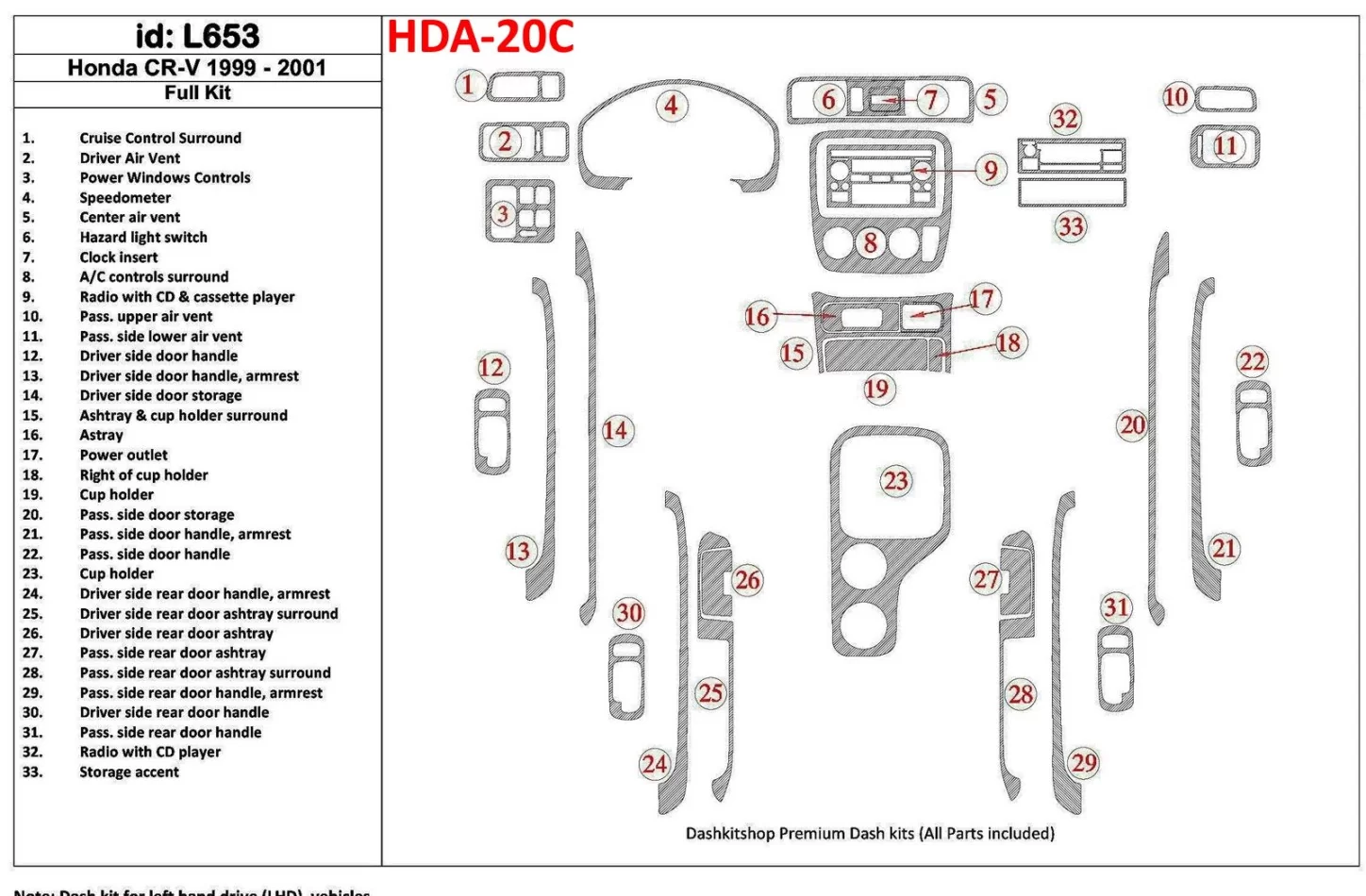 Honda CR-V 1999-2001 Kompletná sada, 33 dielov Súprava interiérovej výbavy BD Dash Trim Kit - 1