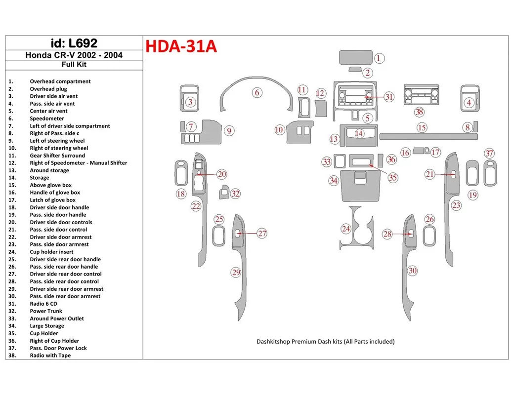 Honda CR-V 2002-2004 kompletná sada, sada 30 dielov Interiér BD Dash Trim Kit - 1
