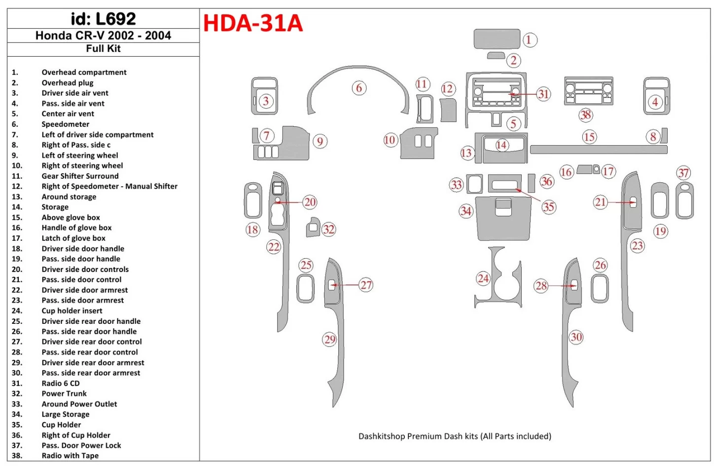 Honda CR-V 2002-2004 kompletná sada, sada 30 dielov Interiér BD Dash Trim Kit - 1
