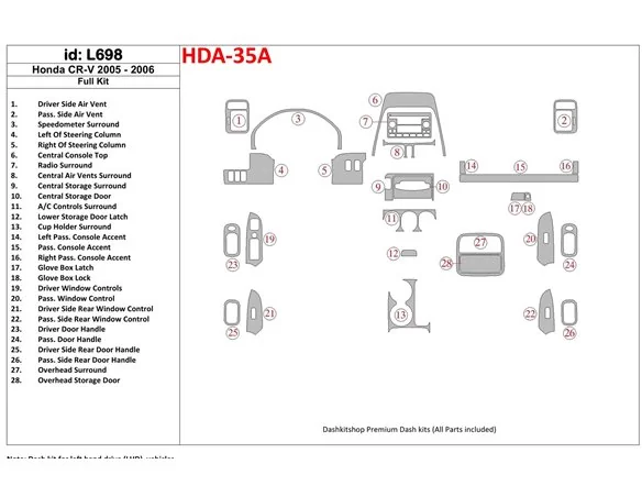 Honda CR-V 2005-2006 Kompletná súprava interiéru BD Dash Trim Kit - 1