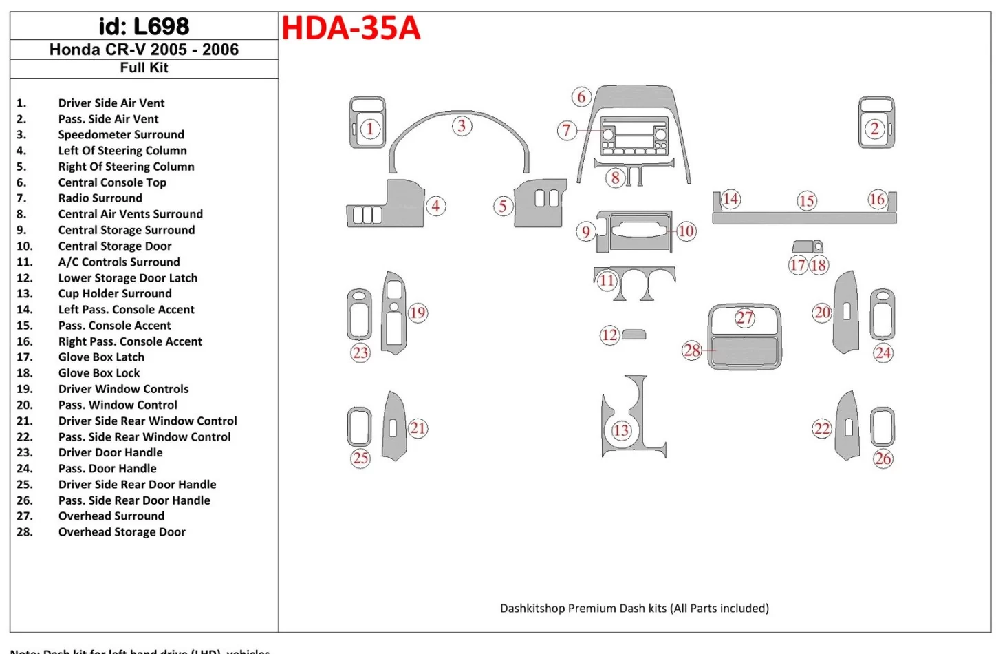 Honda CR-V 2005-2006 Kompletná súprava interiéru BD Dash Trim Kit - 1