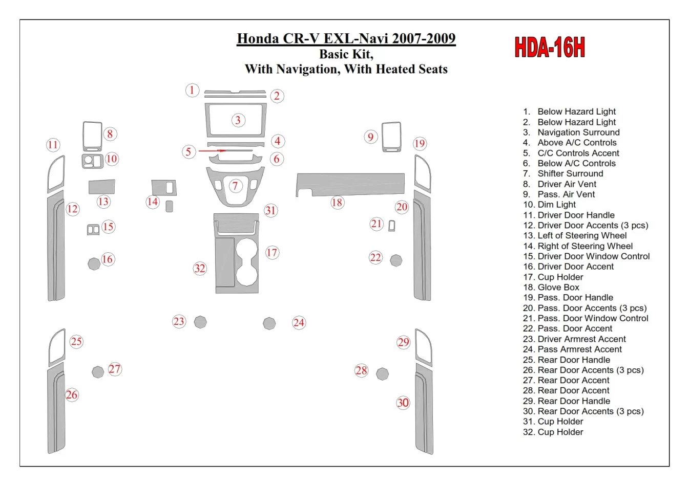Základná sada Honda CR-V 2007-2009, s NAVI, s vyhrievaným interiérom sedadiel BD Dash Trim Kit - 1
