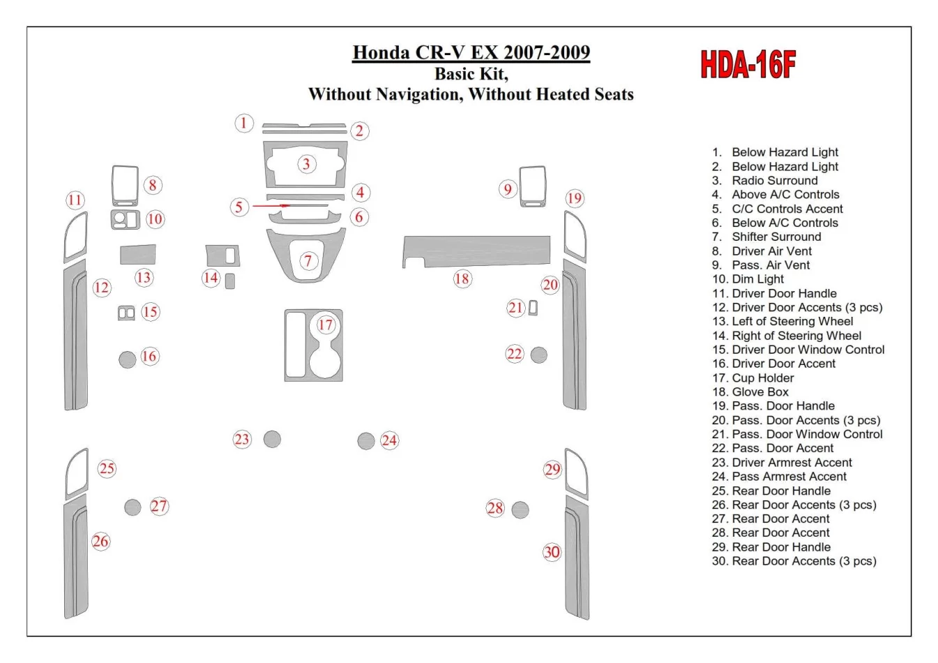 Základná sada Honda CR-V 2007-2009, bez NAVI, bez vyhrievaných sedadiel Interiér BD Dash Trim Kit - 1