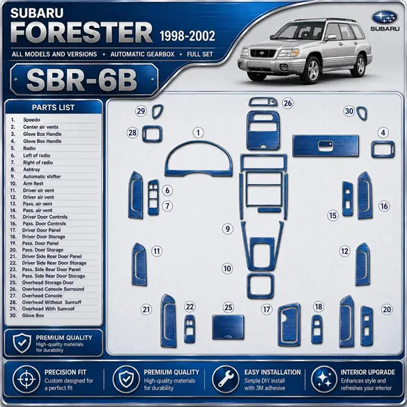 Subaru Forester 1998–2002 Automatic Gearbox; kompletná sada 3D sada dekorov interiéru palubnej dosky 30-dielna