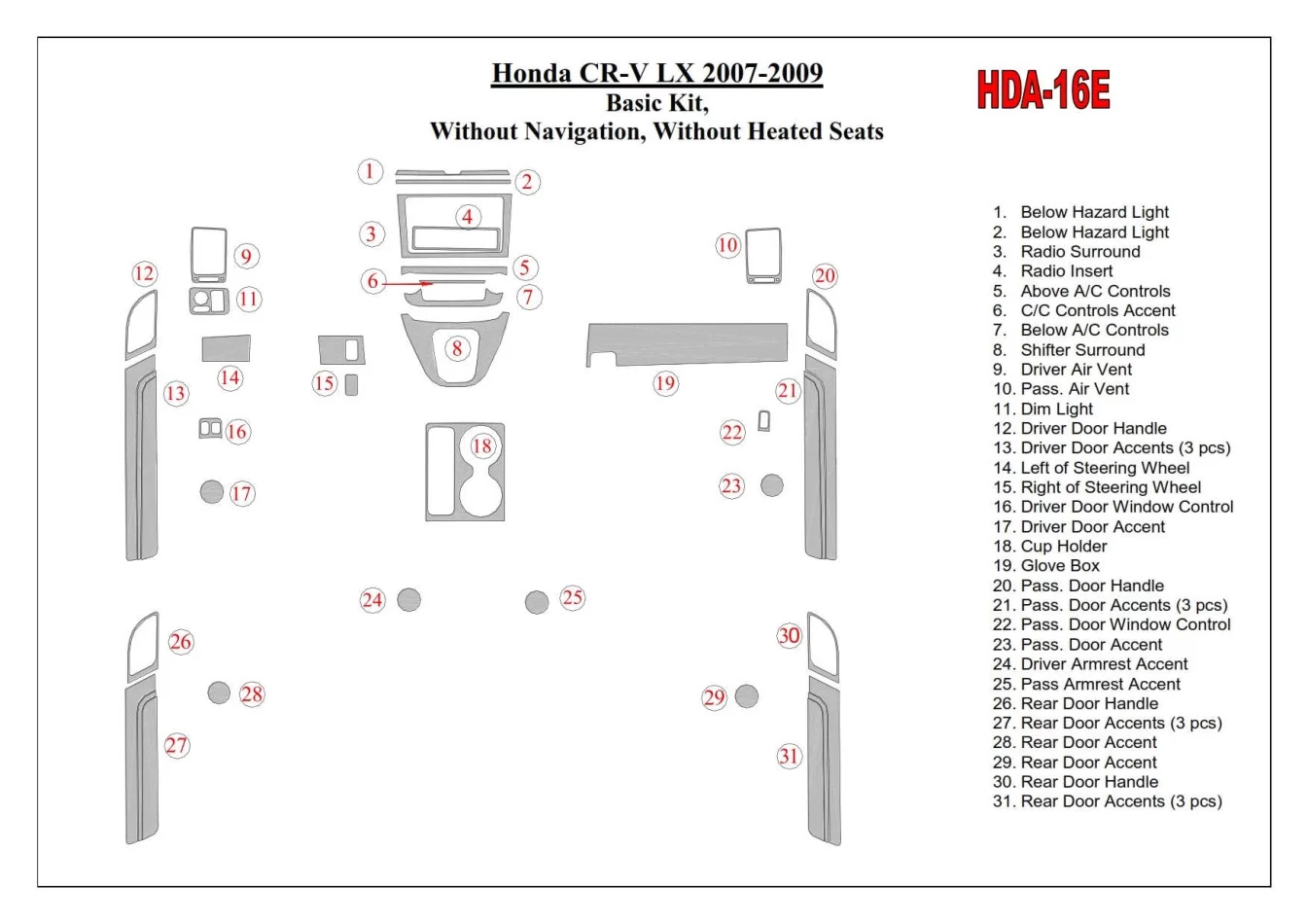 Základná sada Honda CR-V 2007-2009, bez NAVI, s vyhrievaným interiérom sedadiel BD Dash Trim Kit - 1