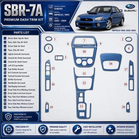 Subaru Impreza/WRX 2002–2004 Manual Gearbox; Automatic AC Control 3D sada dekorov interiéru palubnej dosky podľa produktového ná