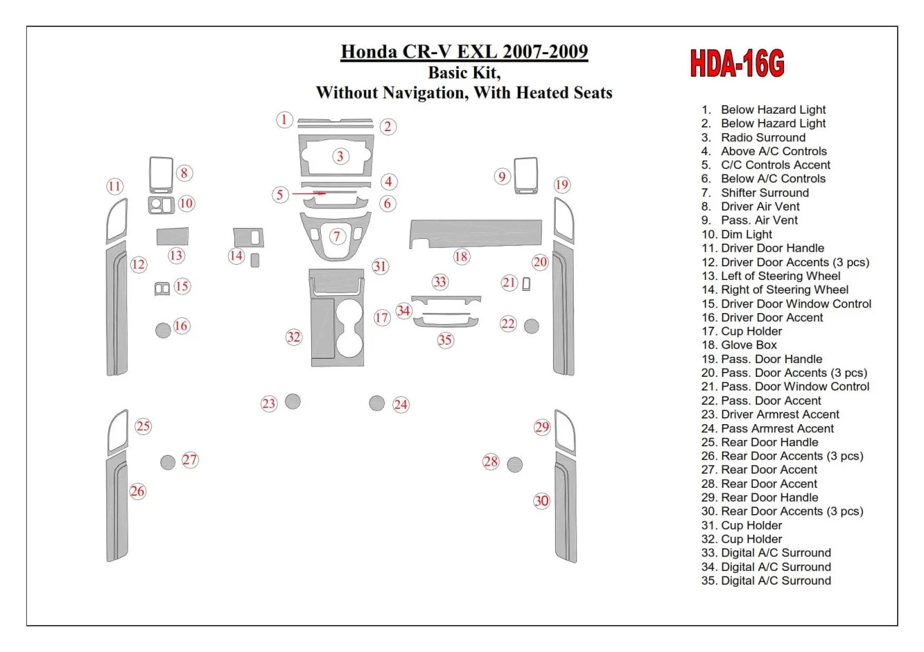 Základná sada Honda CR-V 2007-2009, bez NAVI, s vyhrievaným interiérom sedadiel BD Dash Trim Kit - 1