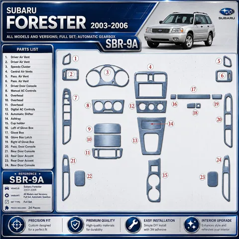 Subaru Forester 2003–2006 kompletná sada; Automatic Gearbox 3D sada dekorov interiéru palubnej dosky kompletná sada / podľa prod