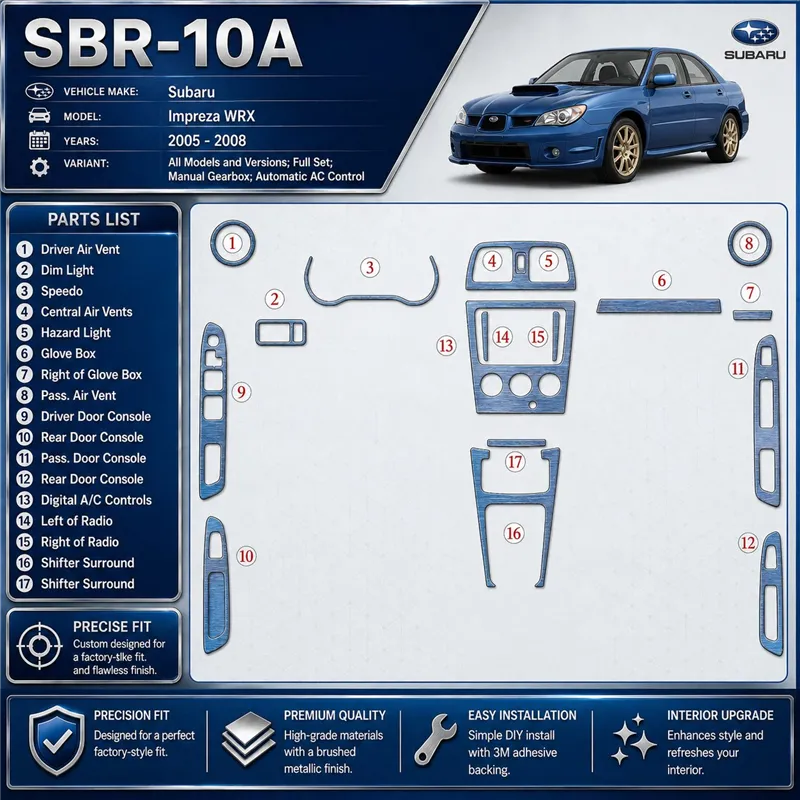Subaru Impreza WRX 2005–2008 kompletná sada; Manual Gearbox; Automatic AC Control 3D sada dekorov interiéru palubnej dosky kompl