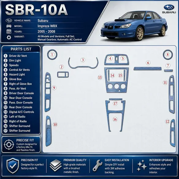 Subaru Impreza WRX 2005–2008 kompletná sada; Manual Gearbox; Automatic AC Control 3D sada dekorov interiéru palubnej dosky kompl