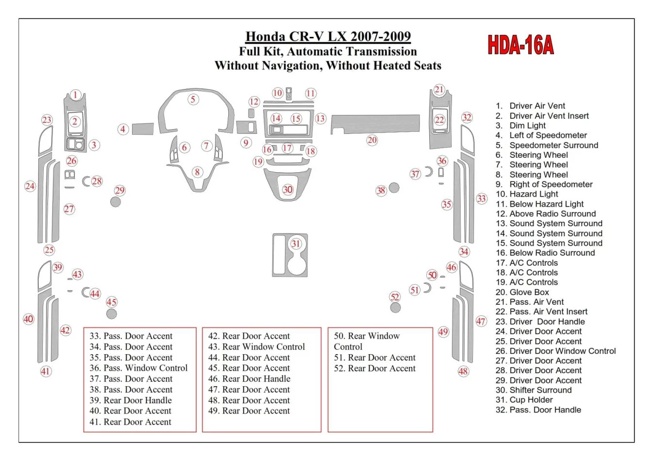 Honda CR-V 2007-2009 Kompletná sada, automatická prevodovka, bez NAVI, bez vyhrievaných sedadiel Interiér BD Dash Trim Kit - 1