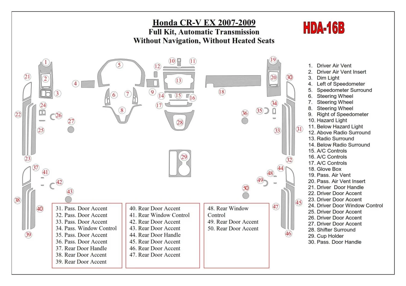 Honda CR-V 2007-2009 Kompletná sada, model EX, automatická prevodovka, bez NAVI, bez vyhrievaných sedadiel Interiér BD Dash Trim