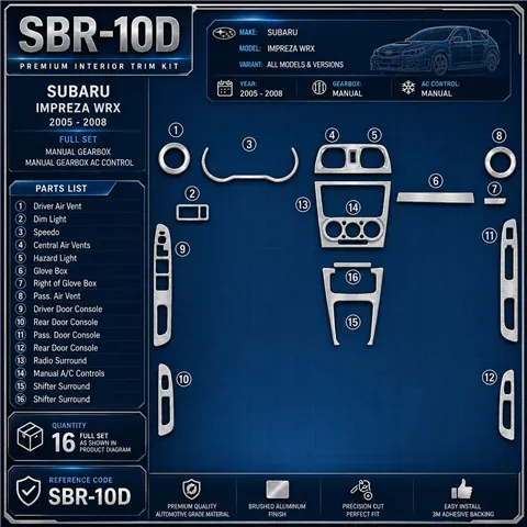 Subaru Impreza WRX 2005–2008 kompletná sada; Manual Gearbox; Manual Gearbox AC Control 3D sada dekorov interiéru palubnej dosky 