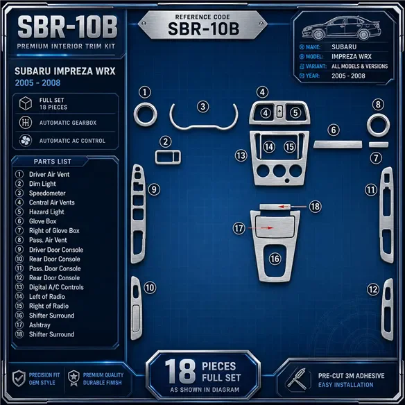 Subaru Impreza WRX 2005–2008 kompletná sada; Automatic Gearbox; Automatic AC Control 3D sada dekorov interiéru palubnej dosky ko