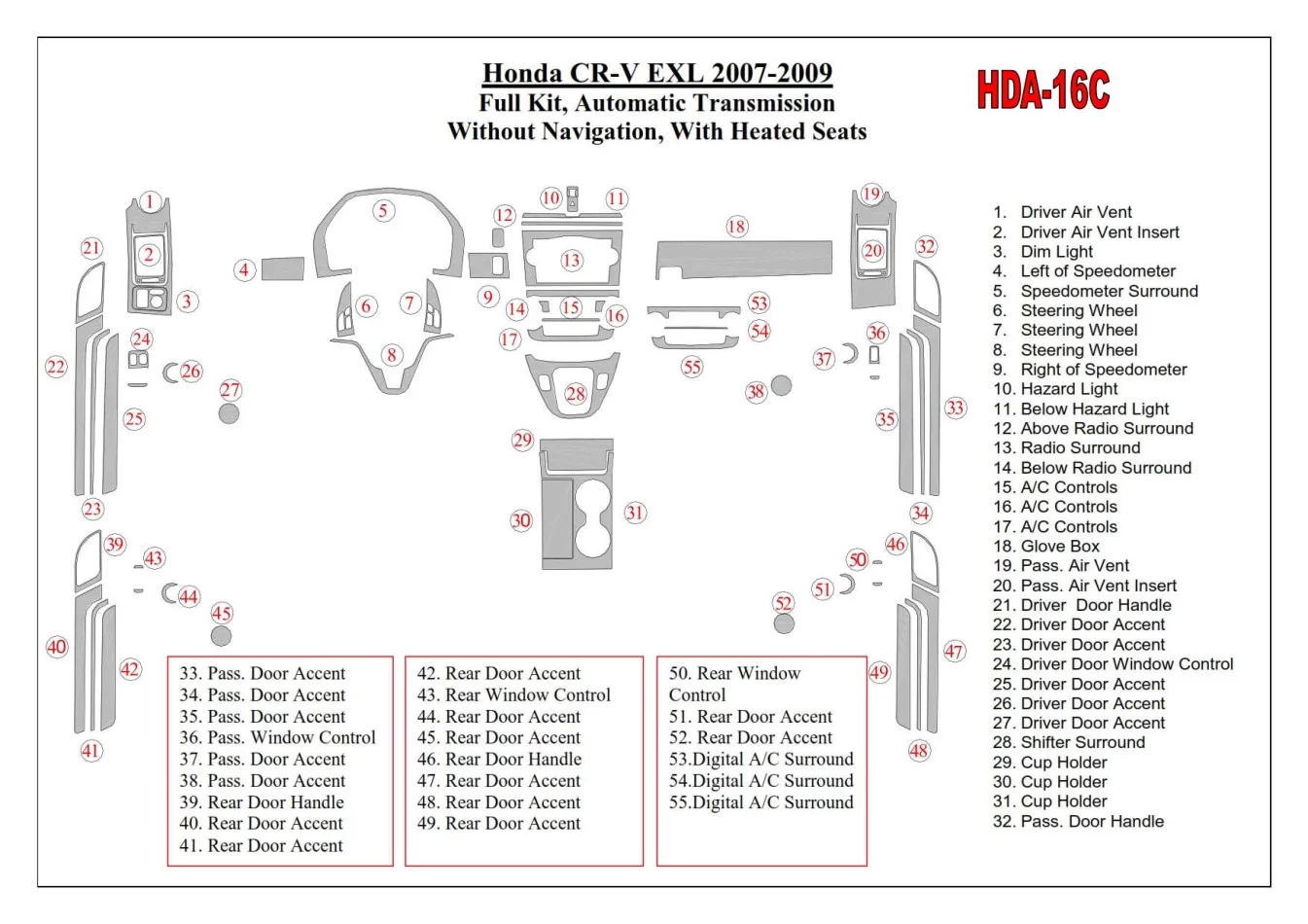 Honda CR-V 2007-2009 Kompletná sada, model EXL, automatická prevodovka, bez NAVI, s vyhrievaným interiérom sedadiel BD Dash Trim