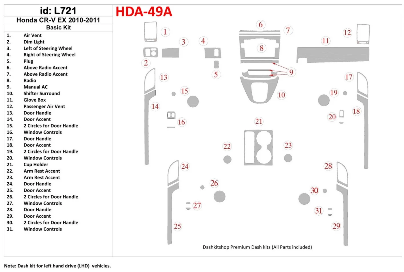Základná súprava Honda CR-V 2010-UP, súprava interiéru modelu EX BD Dash Trim Kit - 1