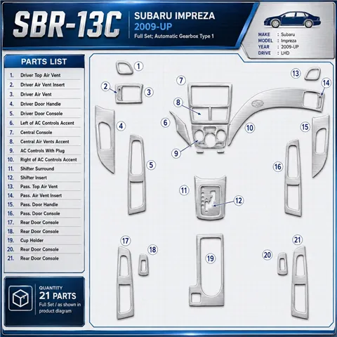 Subaru Impreza od 2009 kompletná sada; Automatic Gearbox Type 1 3D sada dekorov interiéru palubnej dosky kompletná sada / podľa 