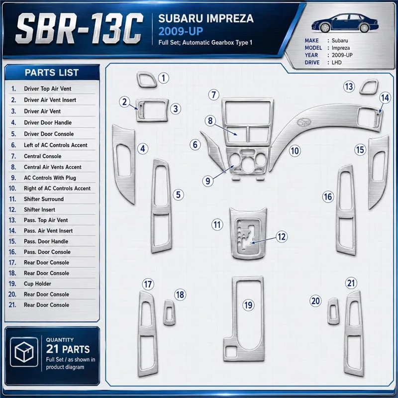 Subaru Impreza od 2009 kompletná sada; Automatic Gearbox Type 1 3D sada dekorov interiéru palubnej dosky kompletná sada / podľa 