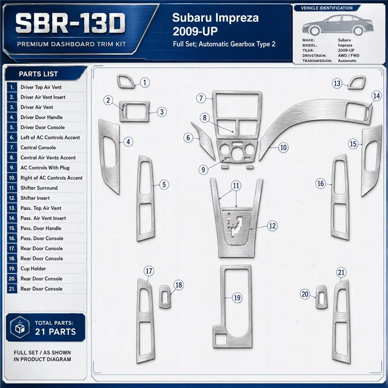 Subaru Impreza od 2009 kompletná sada; Automatic Gearbox Type 2 3D sada dekorov interiéru palubnej dosky kompletná sada / podľa 