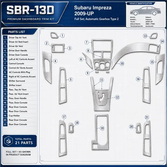 Subaru Impreza od 2009 kompletná sada; Automatic Gearbox Type 2 3D sada dekorov interiéru palubnej dosky kompletná sada / podľa 