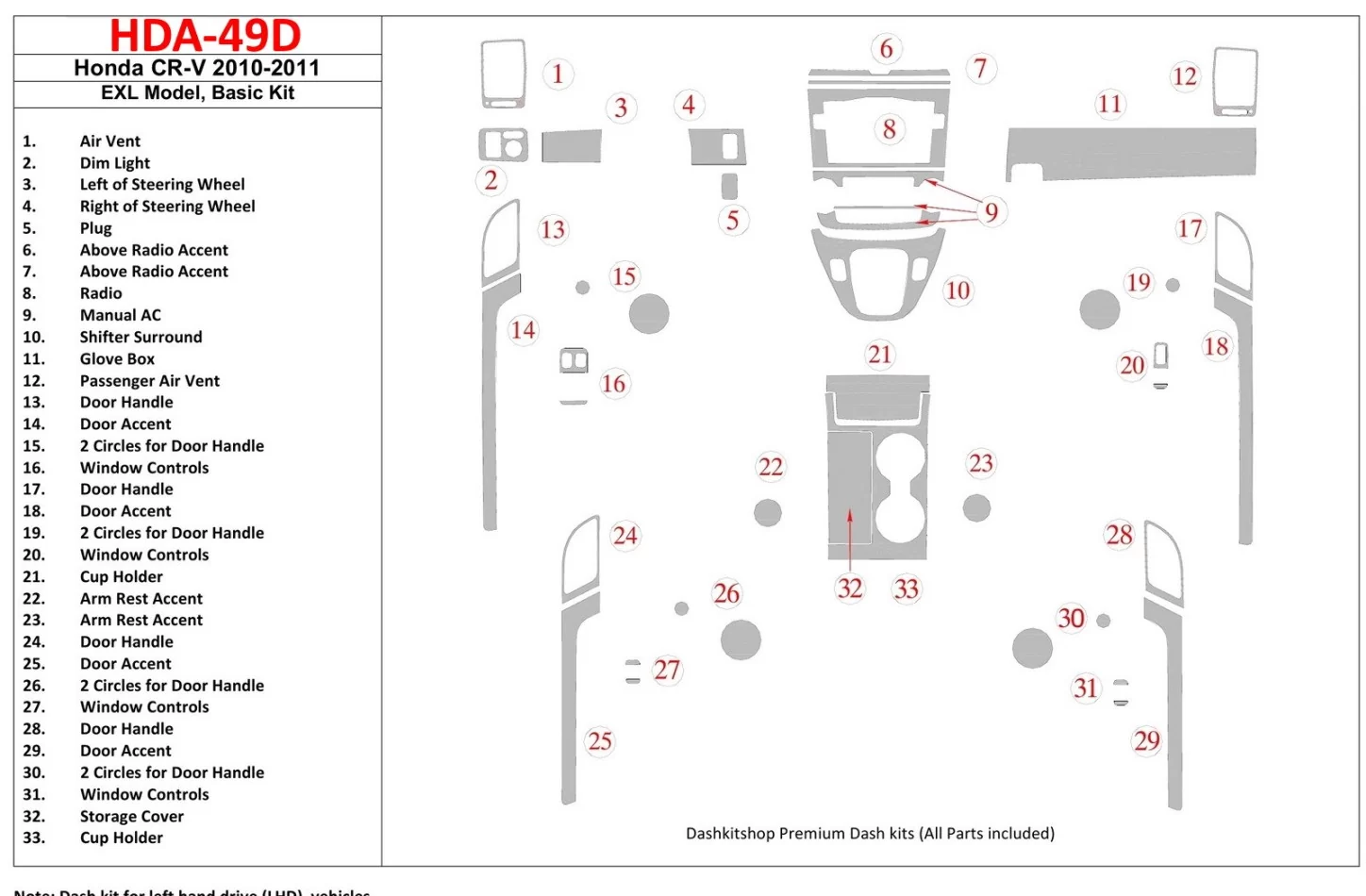 Základná súprava Honda CR-V 2010-UP, súprava interiéru modelu EXL BD Dash Trim Kit - 1