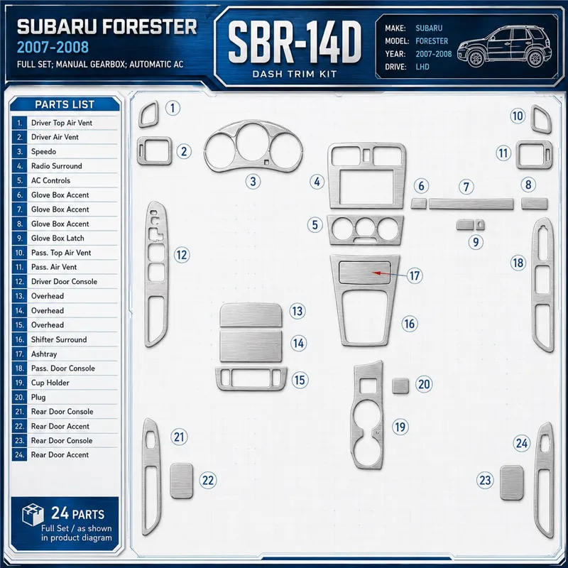 Subaru Forester 2007–2008 kompletná sada; Manual Gearbox; Automatic AC 3D sada dekorov interiéru palubnej dosky kompletná sada /