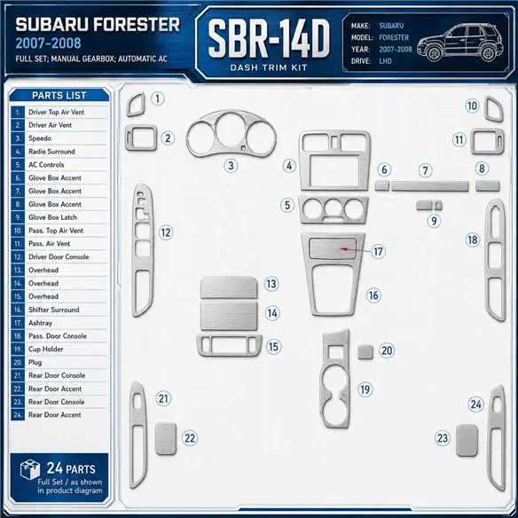 Subaru Forester 2007–2008 kompletná sada; Manual Gearbox; Automatic AC 3D sada dekorov interiéru palubnej dosky kompletná sada /