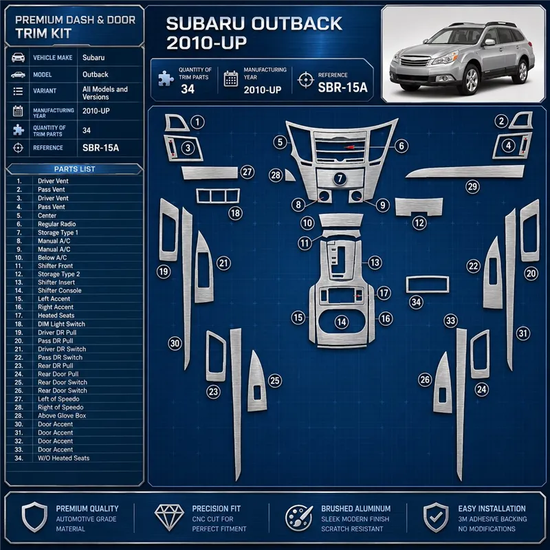 Subaru Outback od 2010 3D sada dekorov interiéru palubnej dosky podľa produktového nákresu