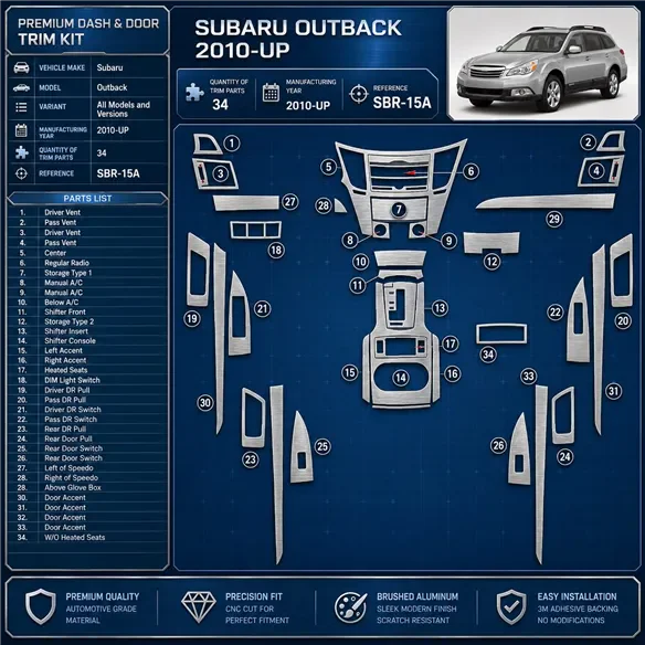 Subaru Legacy 2010–2014 3D sada dekorov interiéru palubnej dosky 27-dielna
