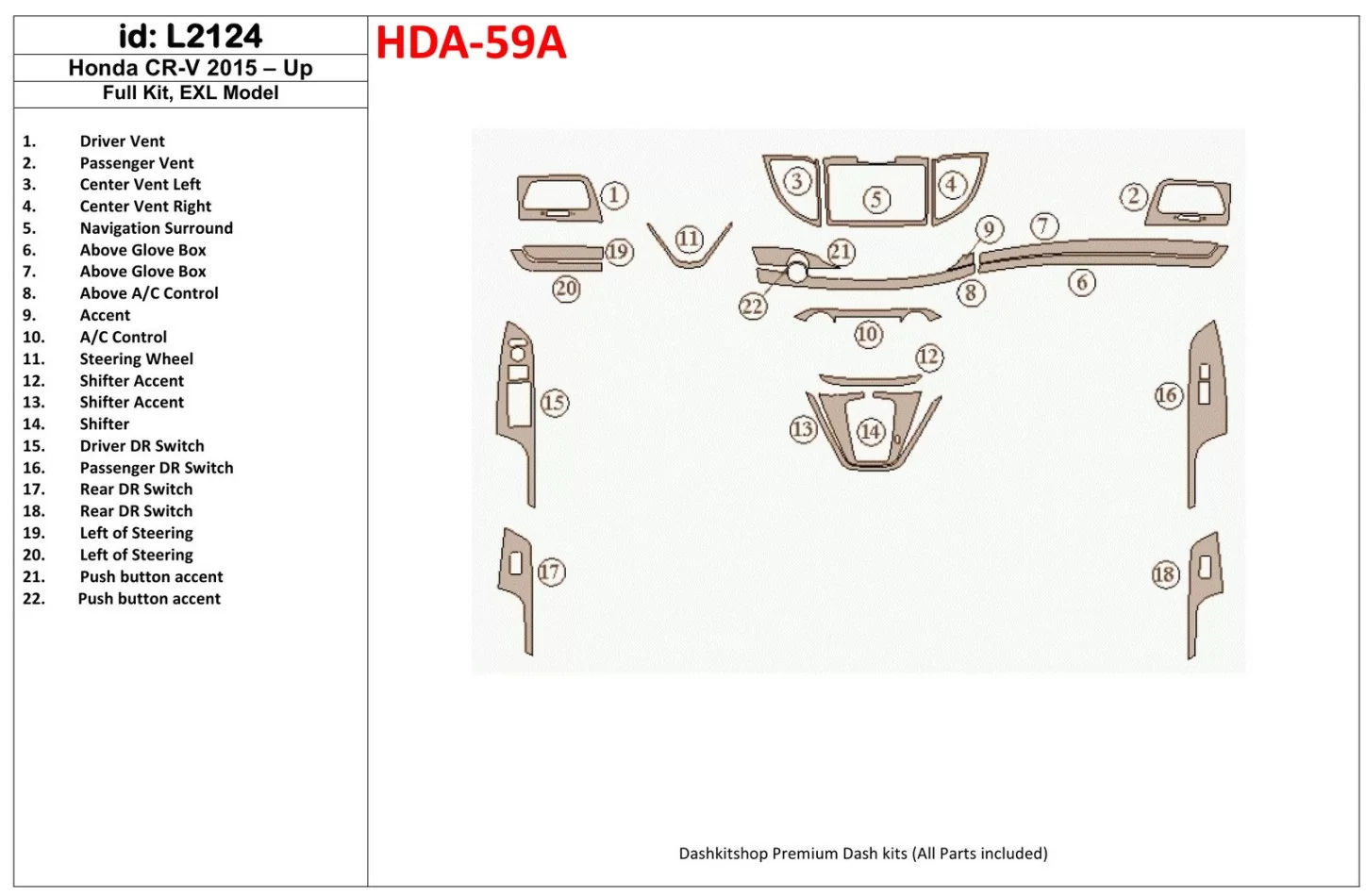 Kompletná súprava Honda CR-V 2015-UP, súprava vnútorného obloženia interiéru modelu EXL BD - 1