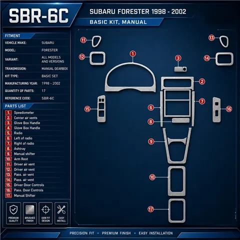 Subaru Forester 1998–2002 Manual Gearbox; základná sada 3D sada dekorov interiéru palubnej dosky 17-dielna