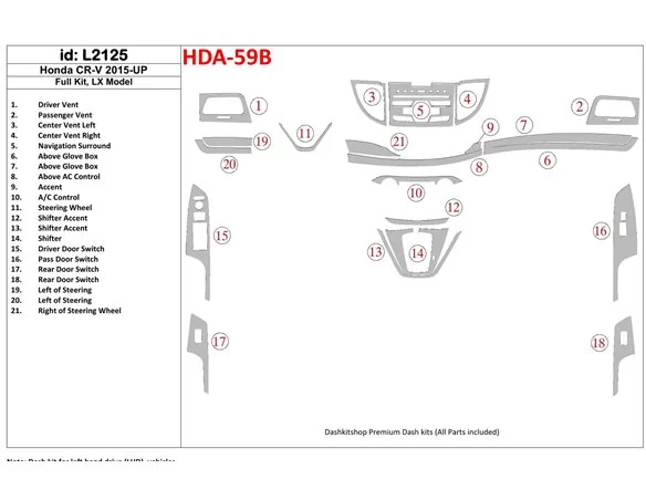 Kompletná sada Honda CR-V 2015-UP, súprava interiéru modelu LX BD Dash Trim Kit - 1