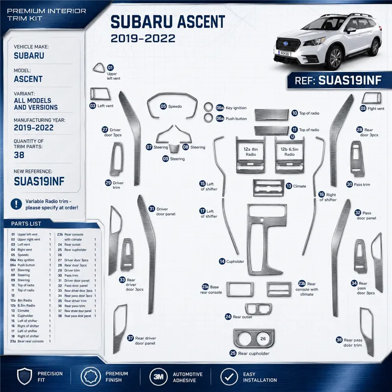 Subaru Ascent 2019–2022 3D sada dekorov interiéru palubnej dosky 37-dielna