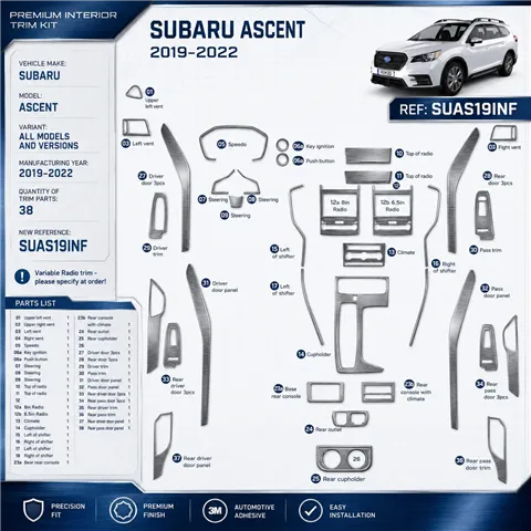 Subaru Ascent 2019–2022 3D sada dekorov interiéru palubnej dosky 38-dielna