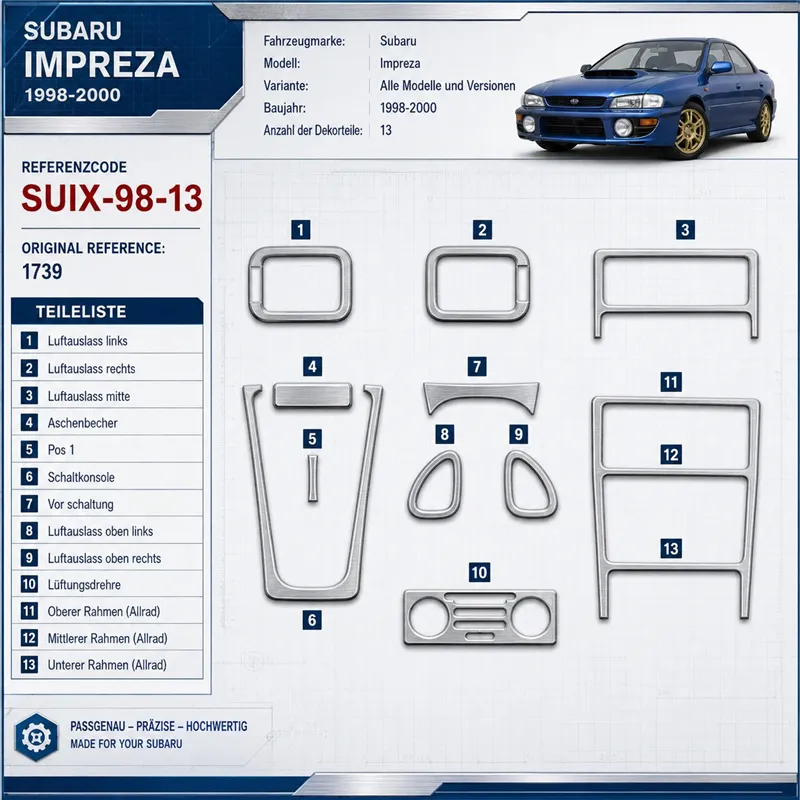 Subaru Impreza 1998–2000 3D sada dekorov interiéru palubnej dosky 13-dielna