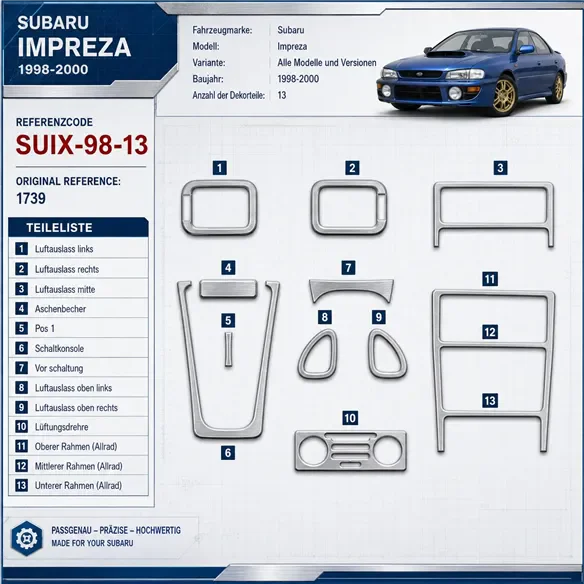 Subaru Impreza 1998–2000 3D sada dekorov interiéru palubnej dosky 13-dielna