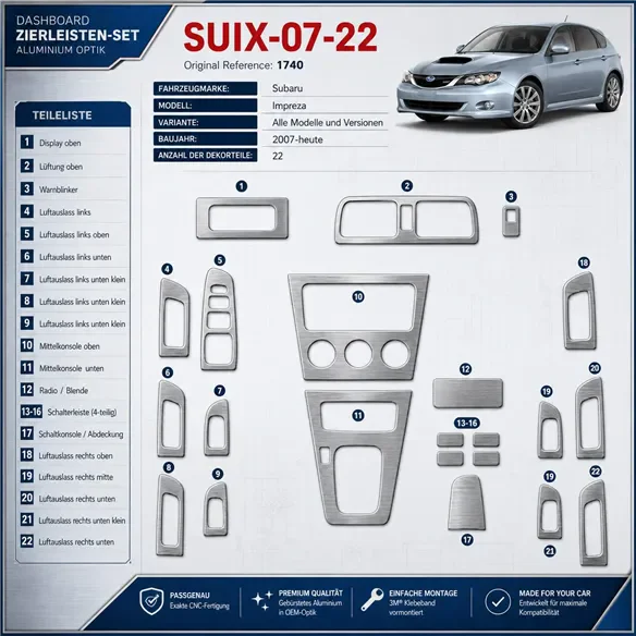 Subaru Impreza od 2007 3D sada dekorov interiéru palubnej dosky 22-dielna