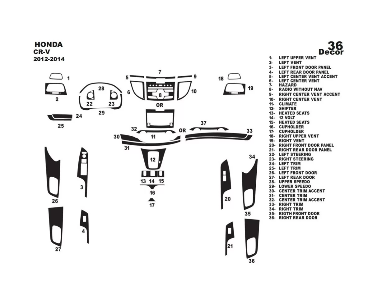 Honda CR-V Mk4 2012-2014 3D súprava obloženia palubnej dosky interiéru 36-dielna súprava obloženia palubnej dosky - 1