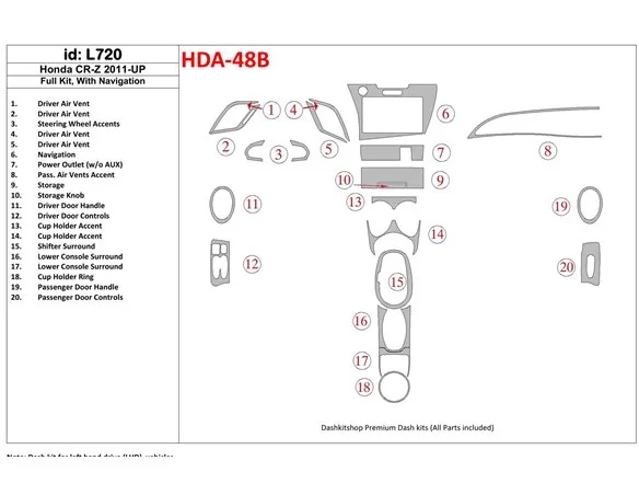 Kompletná súprava Honda CR-Z 2011-UP s vnútornou súpravou NAVI BD Dash Trim Kit - 1