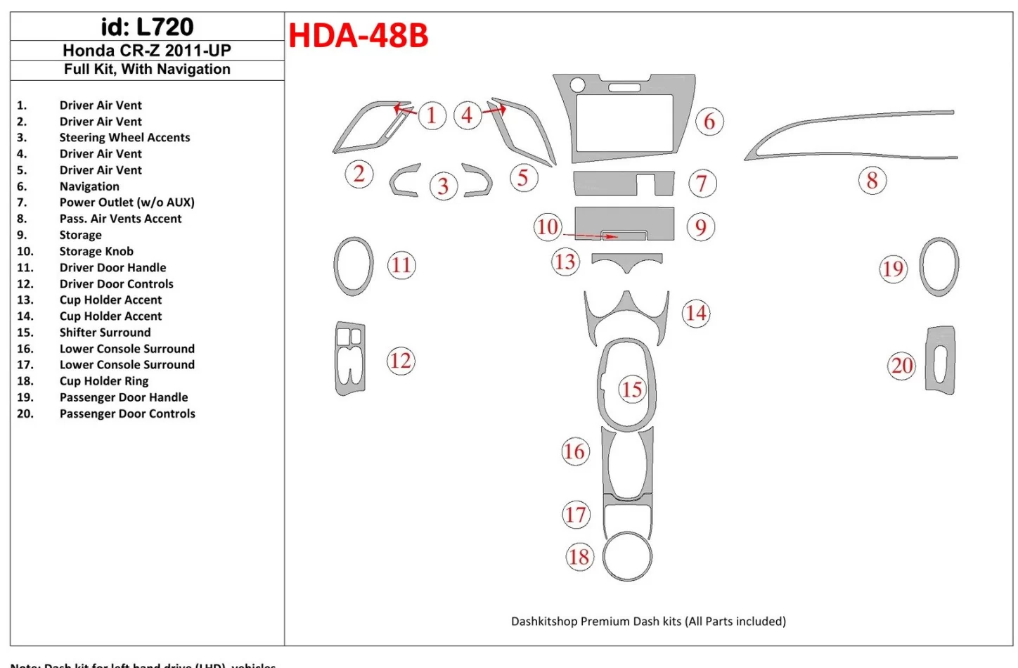 Kompletná súprava Honda CR-Z 2011-UP s vnútornou súpravou NAVI BD Dash Trim Kit - 1