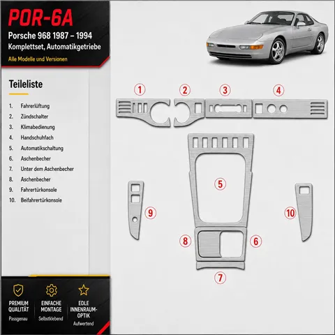 Porsche 968 1987–1994 kompletná sada; Automatic Gearbox 3D sada dekorov interiéru palubnej dosky kompletná sada / podľa produkto