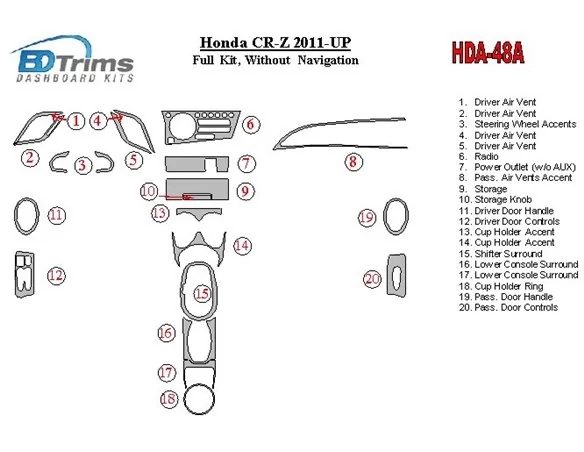 Kompletná súprava Honda CR-Z 2011-UP bez súpravy NAVI interiéru BD Dash Trim Kit
