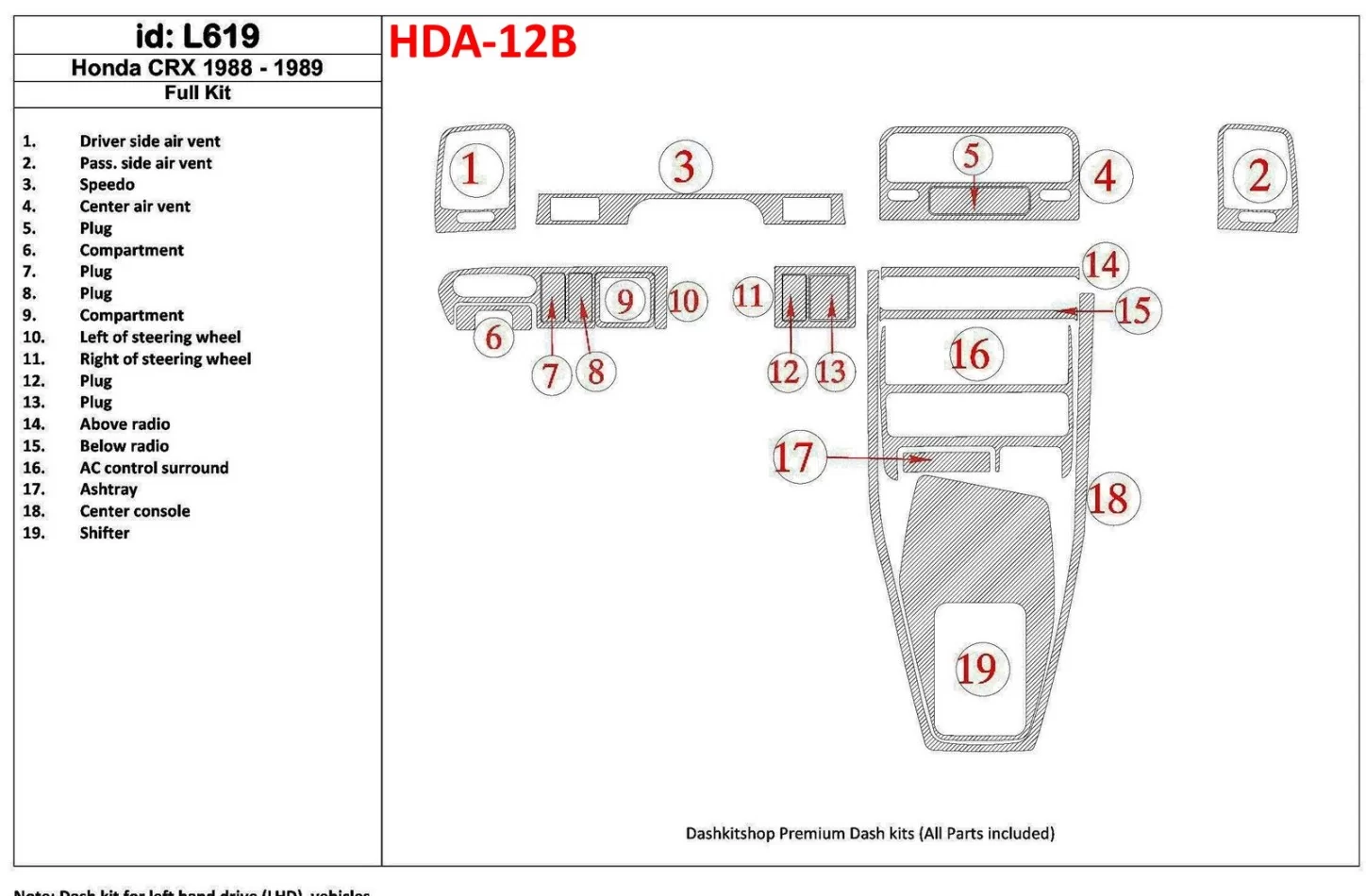 Honda CRX 1988-1989 Kompletná súprava interiéru BD Dash Trim Kit - 1